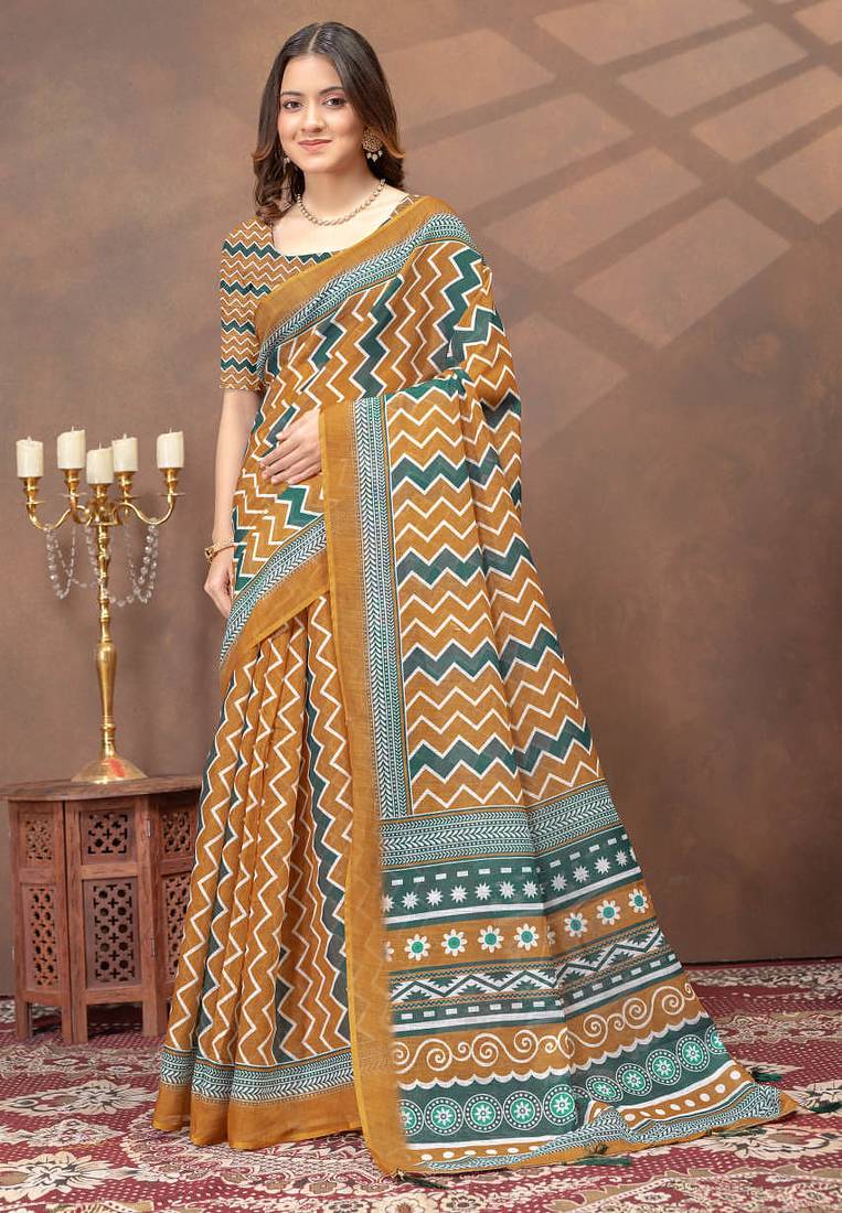 Mustard printed art silk designer pallu saree