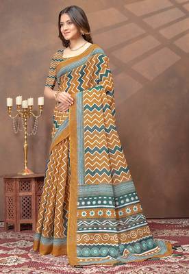 Mustard printed art silk designer pallu saree 2