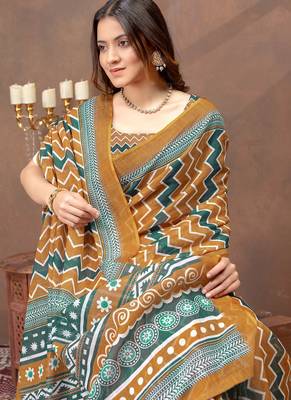 Mustard printed art silk designer pallu saree 4