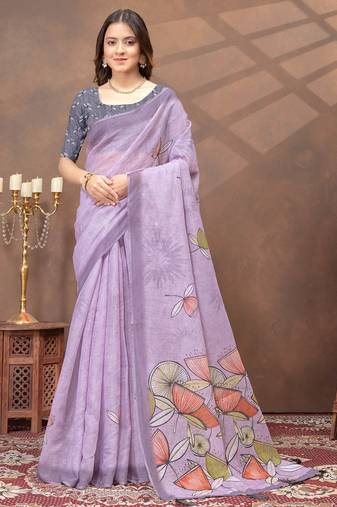 Lavender printed art silk designer pallu saree
