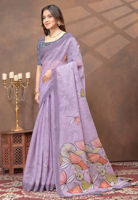 Lavender printed art silk designer pallu saree 2