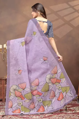 Lavender printed art silk designer pallu saree