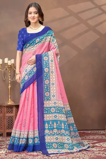 Baby pink printed art silk designer pallu saree