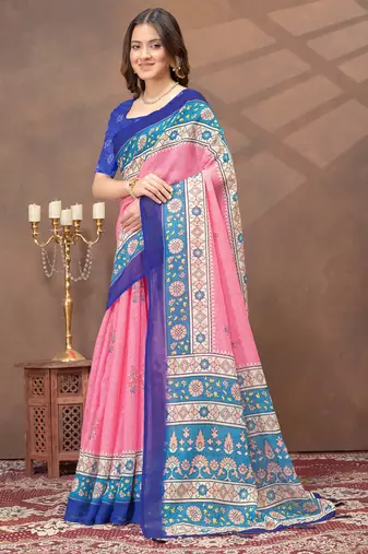 Baby pink printed art silk designer pallu saree