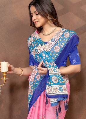 Baby pink printed art silk designer pallu saree 4