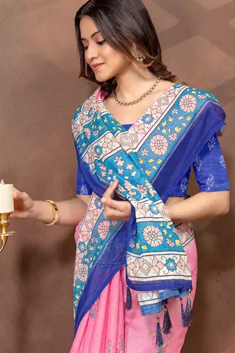 Baby pink printed art silk designer pallu saree