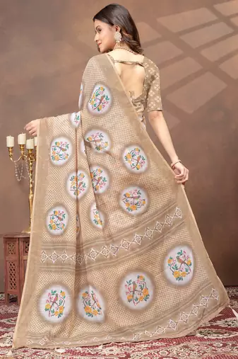 Cream printed art silk designer pallu saree