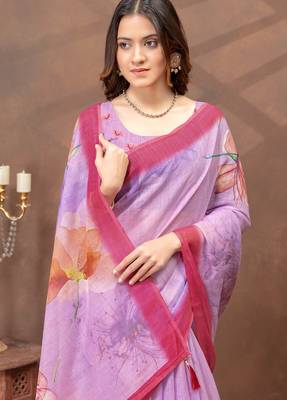 Lavender printed art silk designer pallu saree 4