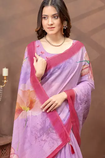 Lavender printed art silk designer pallu saree