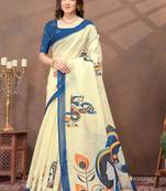Blue printed art silk designer pallu saree