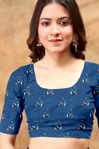 Blue printed art silk designer pallu saree
