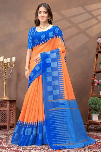 Orange printed art silk designer pallu saree