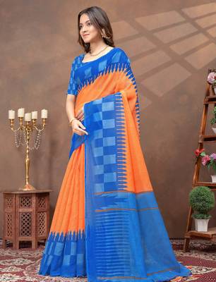 Orange printed art silk designer pallu saree 2