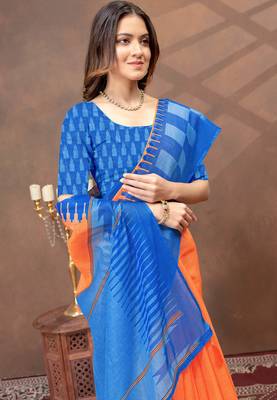 Orange printed art silk designer pallu saree 4