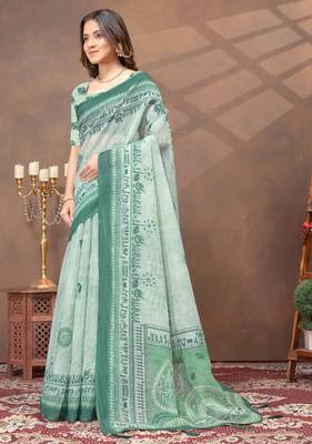 Light green printed art silk designer pallu saree 2