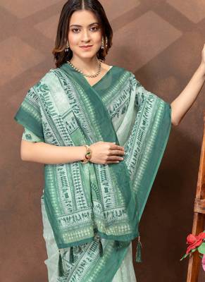 Light green printed art silk designer pallu saree 4