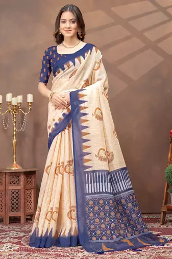 Cream printed art silk designer pallu saree