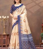Cream printed art silk designer pallu saree