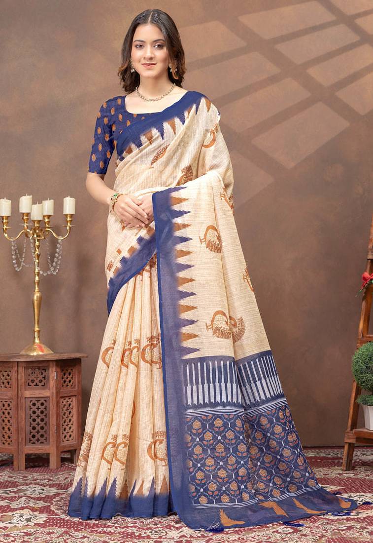 Cream printed art silk designer pallu saree