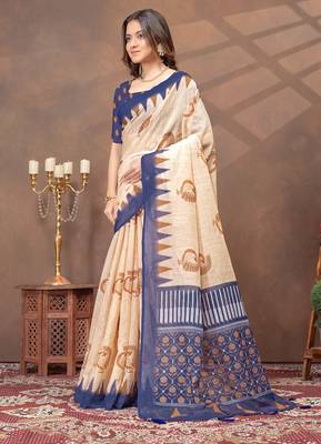 Cream printed art silk designer pallu saree 2