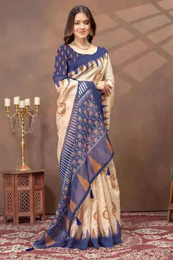 Cream printed art silk designer pallu saree