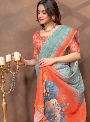 Light green printed art silk designer pallu saree 4