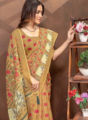 Mustard printed art silk designer pallu saree 4