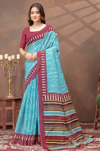Sky blue printed art silk designer pallu saree