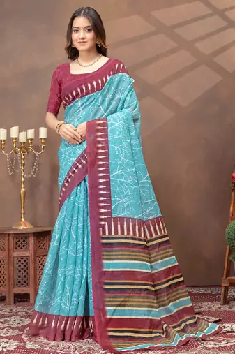 Sky blue printed art silk designer pallu saree