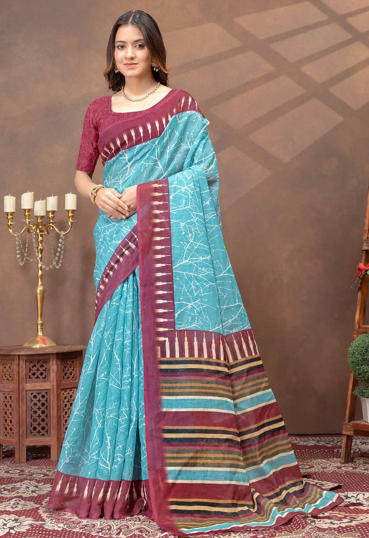 Sky blue printed art silk designer pallu saree