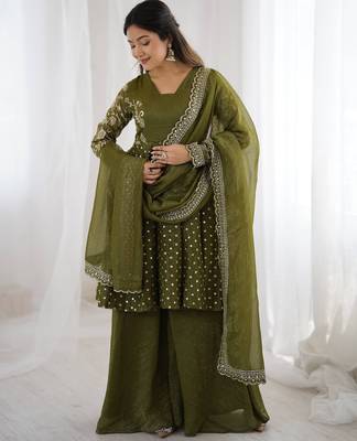 Mehendi green color designer crunchy silk sequins embroidered work readymade suit 2