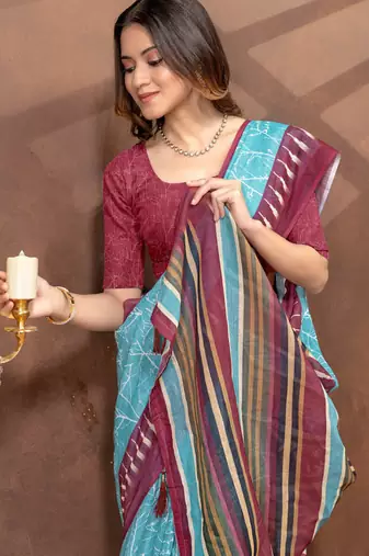 Sky blue printed art silk designer pallu saree