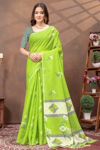 Light green printed art silk designer pallu saree