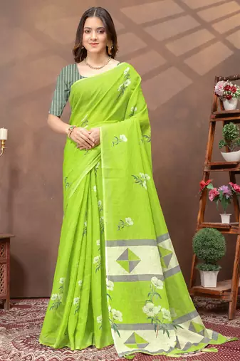 Light green printed art silk designer pallu saree