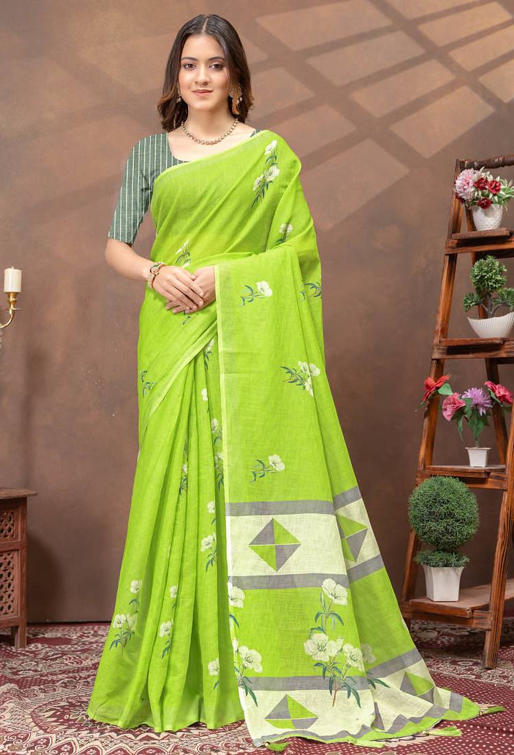 Light green printed art silk designer pallu saree