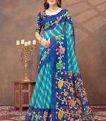 Teal printed art silk designer pallu saree