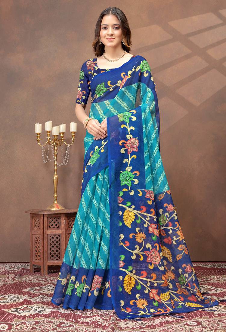 Teal printed art silk designer pallu saree