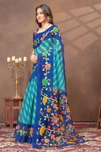 Teal printed art silk designer pallu saree