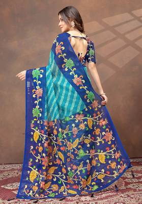 Teal printed art silk designer pallu saree 3