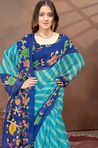 Teal printed art silk designer pallu saree