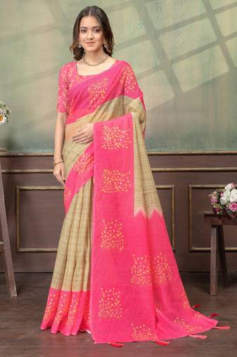 Cream printed art silk designer pallu saree