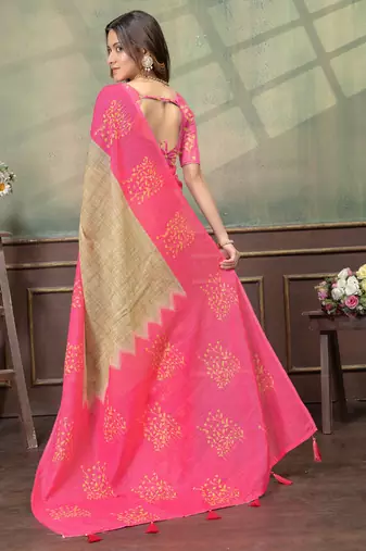 Cream printed art silk designer pallu saree