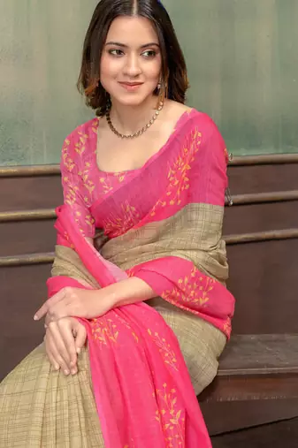Cream printed art silk designer pallu saree