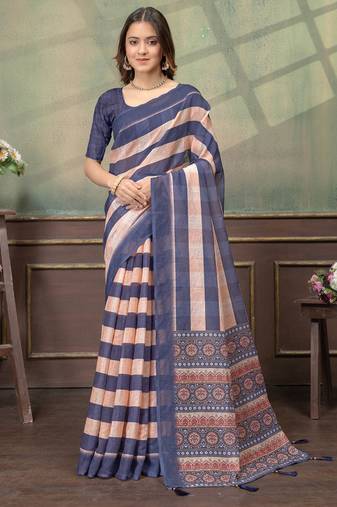 Cream printed art silk designer pallu saree