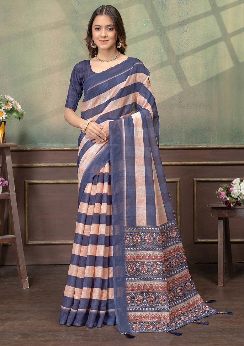 Cream printed art silk designer pallu saree