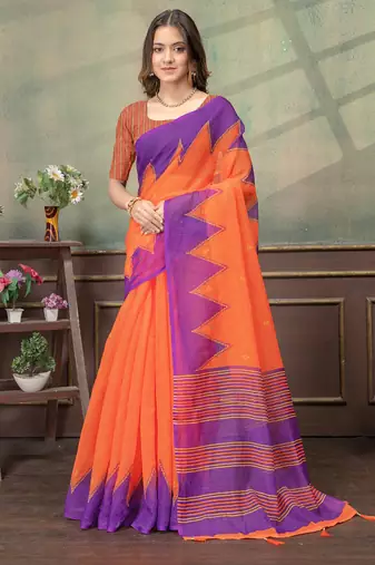 Orange printed art silk designer pallu saree