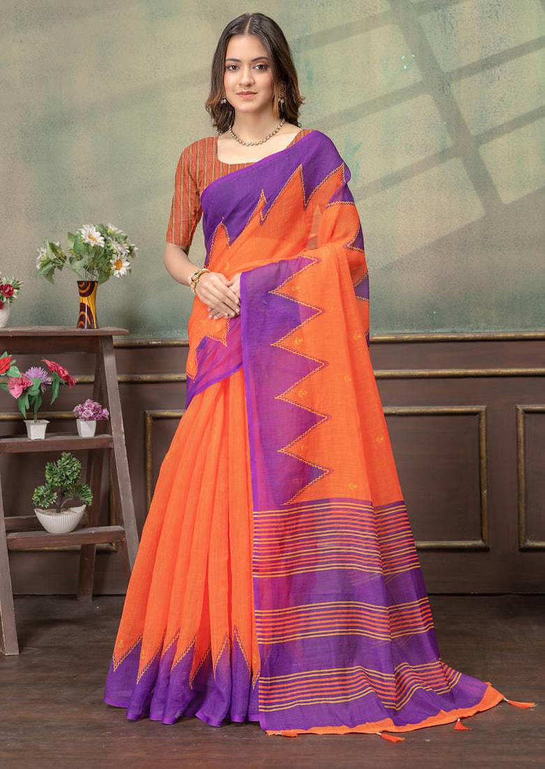 Orange printed art silk designer pallu saree