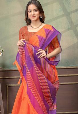 Orange printed art silk designer pallu saree 4