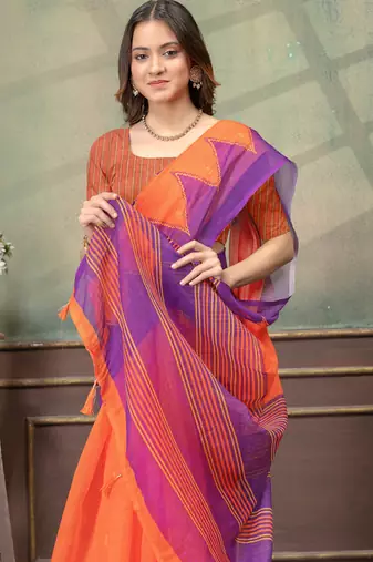 Orange printed art silk designer pallu saree
