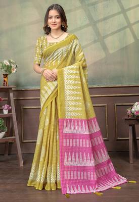 Lemon printed art silk designer pallu saree 1